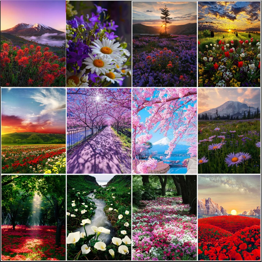 

Flowers 5D Diamond Painting Scenic Cherry Blossoms DIY Diamond Painting Mosaic Full Drill Diamond Embroidery Painting Home Decor