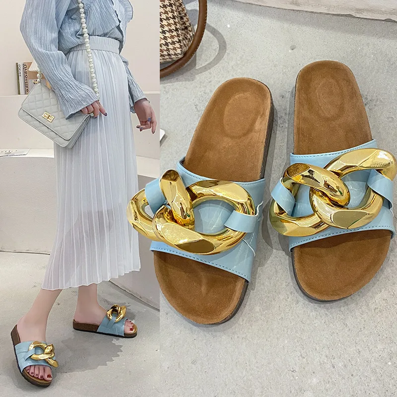 

Large Size Slippers Women's 2022 Spring New Thick Bottom One Word Fish Mouth Slippers Large Size Golden Chain Beach Slippers