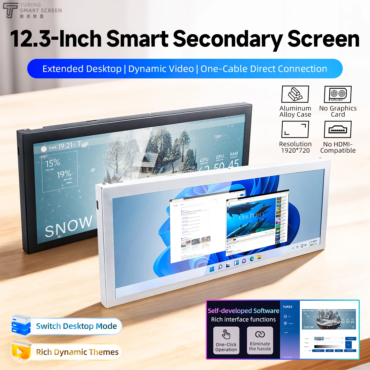 Фото TURZX 12.3-дюймовый IPS-дополнительный экран 1920x720 USB Type-C, умный дисплей, расширенный экран для процессора, графического процессора, оперативной памяти, монитор для компьютера с Windows. №3