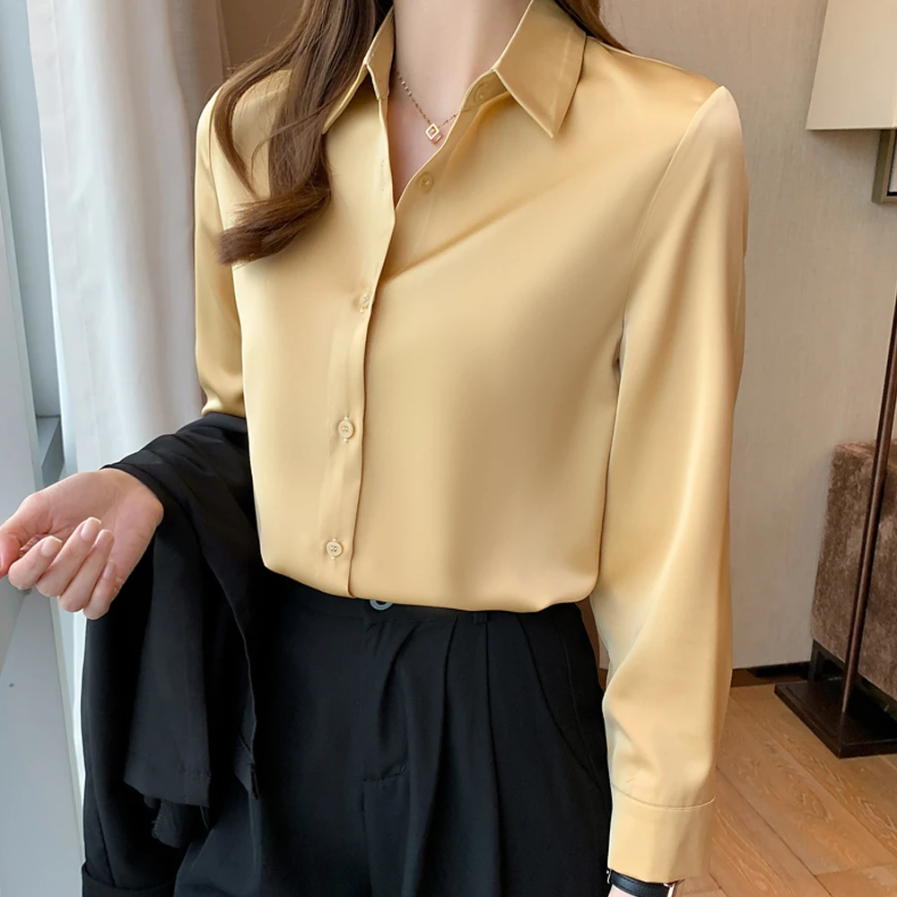 

Блузка женская однотонная с длинным рукавом и отложным воротником, на осень