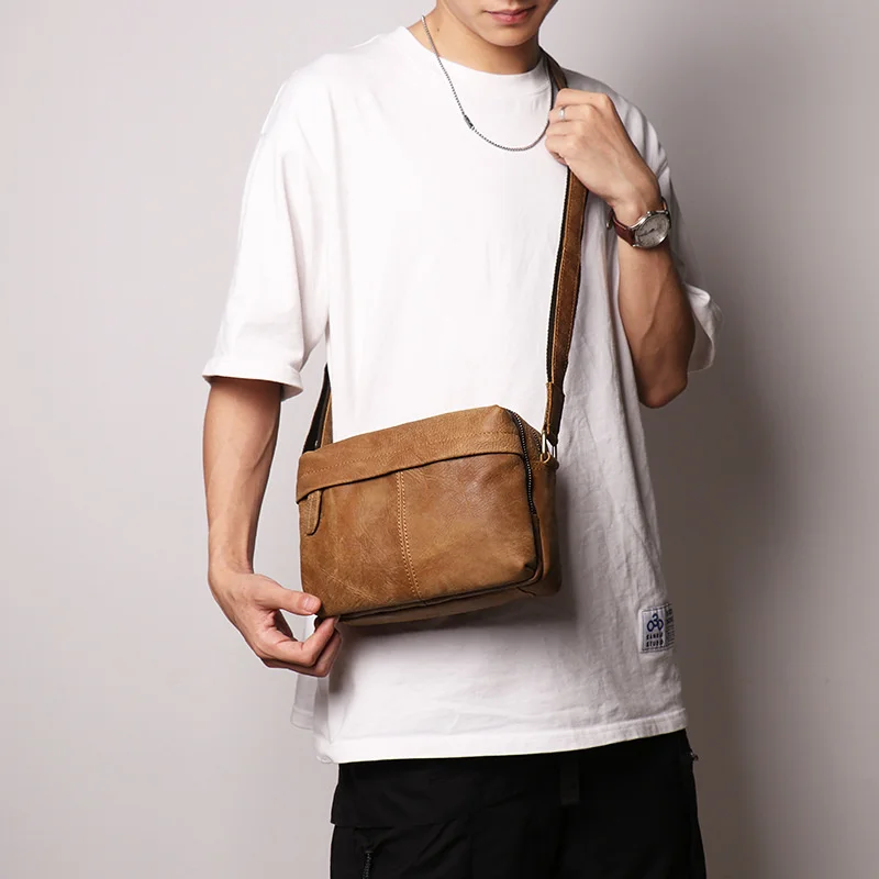 

Retro fashion men's small square headband layer cow leather shoulder bag women's messenger frosted ipad