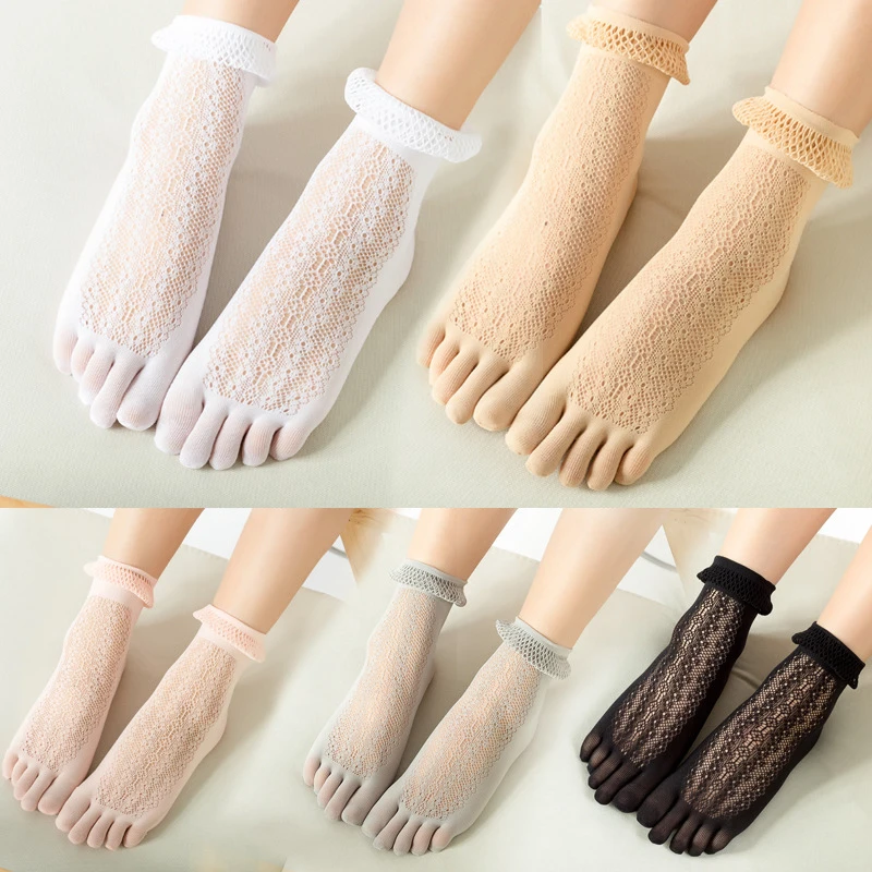 

Однотонные кружевные носки с пятью пальцами, дышащие женские короткие носки, ажурные тонкие прозрачные носки с носком, тапочки, весна-лето
