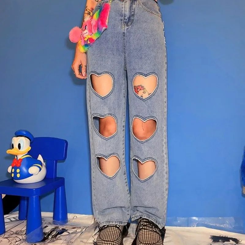 Y2k Women Heart Hollow Streetwear Jeans Summer Korean Fashion Wide Leg Denim Pants Girl Solid  Casual Trousers Clothing 2023 New
