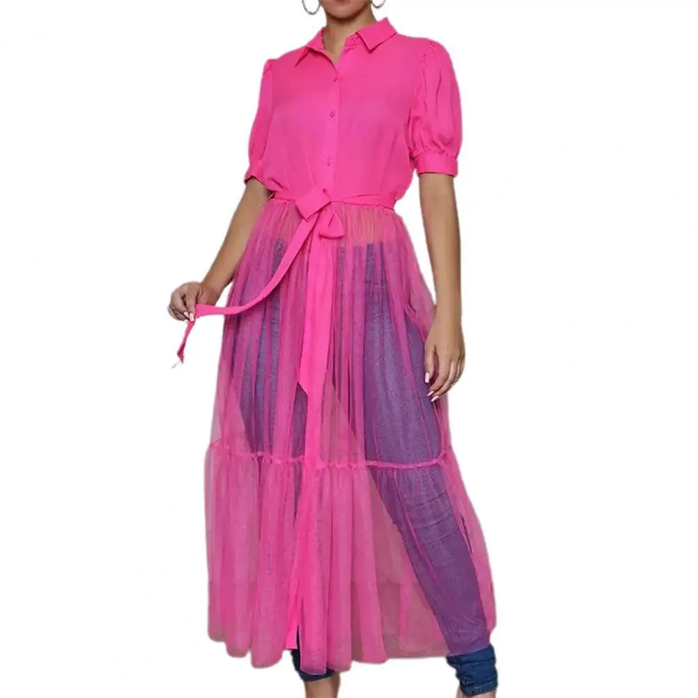 

vestido summer dress Shirt Dress Turn-down Collar Half Sleeve Solid Color Sexy Sheer Mesh Splicing Long Dress dresses for women