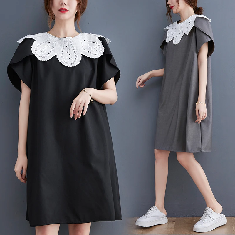 

Women's Summer Hollowed Out Doll Neck Dress Loose Aging Thin Straight Skirt Black