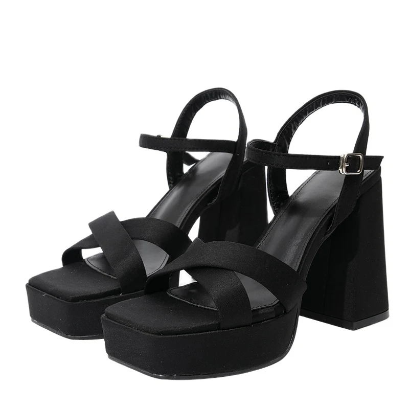 

Женские босоножки на массивной платформе, черные вечерние сандалии с квадратным открытым носком, ремешком и пряжкой, на высоком каблуке, лето 2022