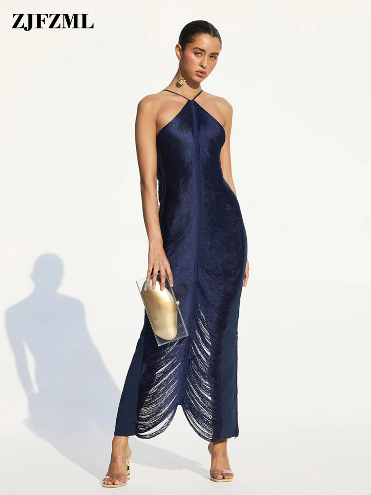 

Bohemian Holes Tassel Patchwork Beach Maxi Dress Y2K Clothes for Women Off The Shoulder Backless High Split Bohemian Robe Longue