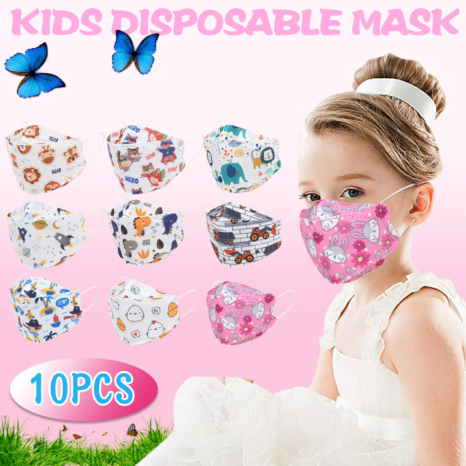 

10PC Rabbit Print Kids Mask Disposable Cute Cartoon Children's Face Mask Cartoon Print 4Ply Ear Loop Boys Girls Masks Masque