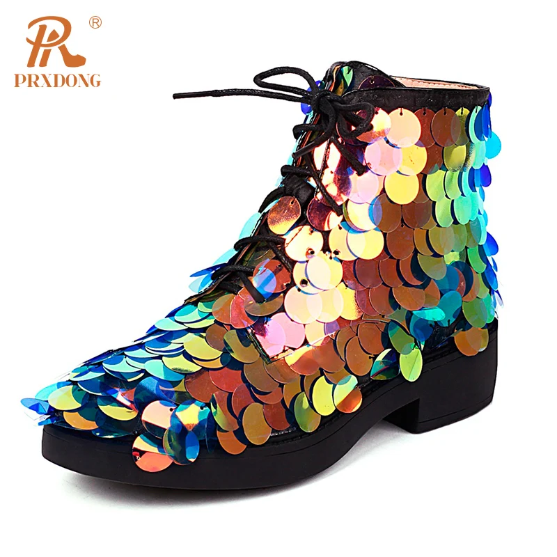 

Женские Классические ботильоны PRXDONG, черные ботильоны на среднем каблуке и платформе, со шнуровкой, Осень-зима 2019