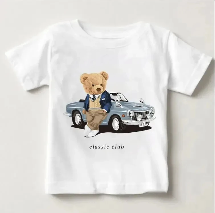 Детская Летняя Футболка Унисекс С Принтом Белого Медведя И Гоночного Автомобиля
