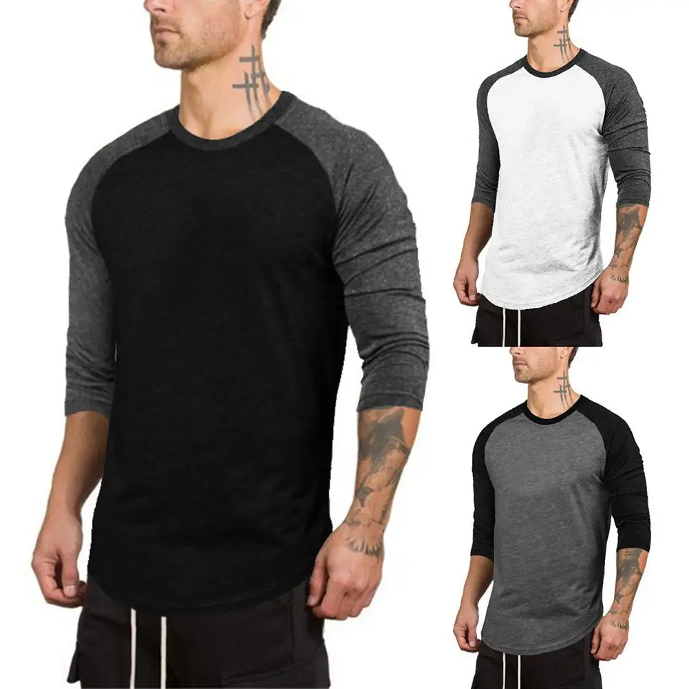

Sporty Men 3/4 Sleeve O Neck Color Cotton T-shirt Bottoming Top Men's Sports Fitness Round Neck Cap Sleeve T-Shirt