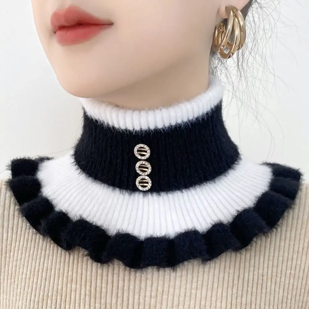 

Winter Thick Mink Velvet Ruffle Elastic Fake Collar Pullover Warm Scarve Women's Wool Knit Stripe Diamond Neck Guard Scarf