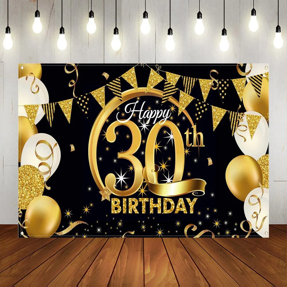 

Happy 30th Birthday Party Banner Backdrop Decorations Black Gold Crown Men Women Anniversary Background Photography Poster