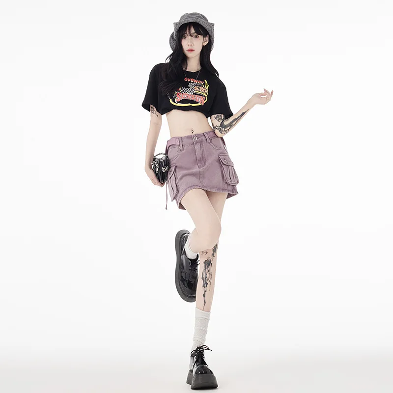 

Anti-slip cargo denim skirt female summer American high-waisted slimming A-line miniskirt pants Spice girl bag hip skirt