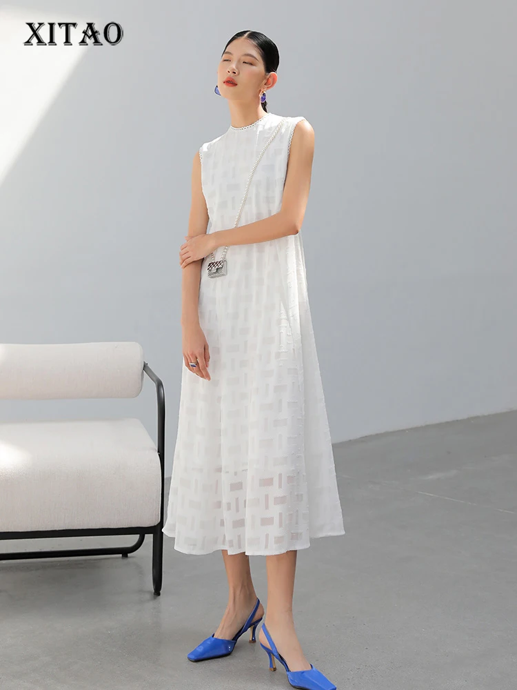

XITAO Solid Casual Dress Women Korea 2022 Summer New Arrival Personality Fashion Loose O-neck Sleeveless Mid-calf Dress WLD7749