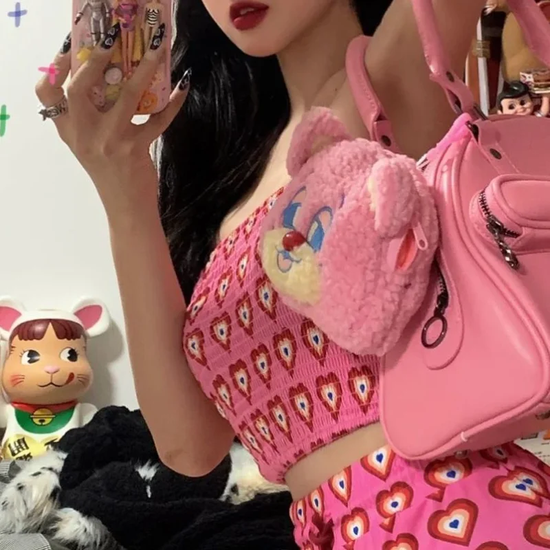 

Sexy Off Shoulder Pink Love Tube Top Outer Wear Vest Crop Tops Female Tide Short Strapless Corset Women Tops Tank Summet Clothes