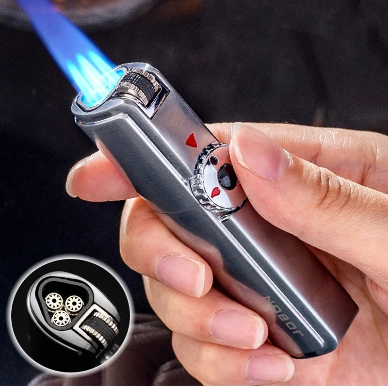 

Тройная фонарь жигалка Jobon, металлическая ветрозащитная газовая Бутановая струйная зажигалка, 3 сопла, турбо-зажигалка для барбекю, пистоле...
