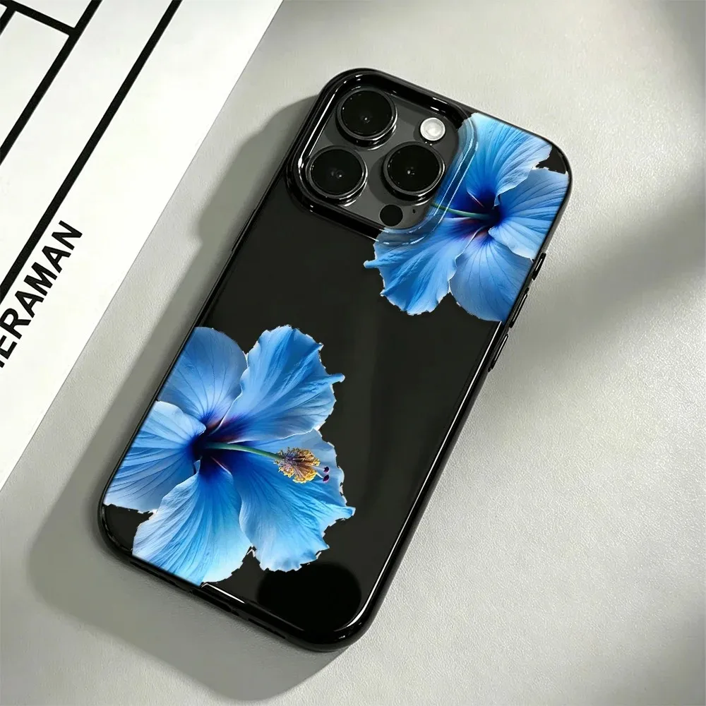 Глянцевый черный чехол для телефона с цветком гибискуса для iPhone 17, 16, 15, 14 Plus, 13, 12, 11 Pro MAX, 17 Air, синий чехол с цветочным узором гибискуса (art.: 3920dbee262a2) - 3920dbee262a2