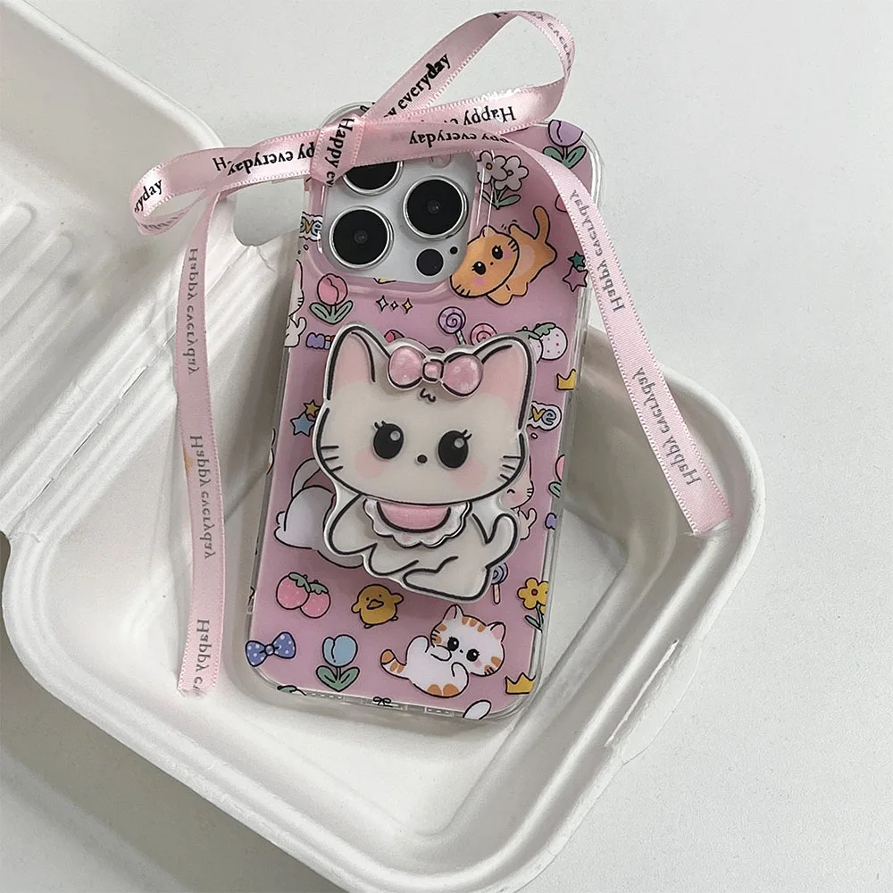 Korean Cute 3D Cat Ring Holder Stand Double-deck IMD Animal Soft Phone Case for iphone 13 14 Pro Max 11 12 13 Shockproof Cover