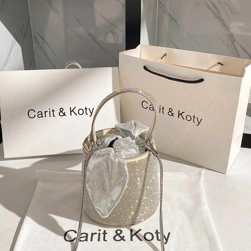 Crystal Shiny Full Rhinestones Diamond Bucket Bag Women's Fashion Handbag Evening Clutch Purse Bling Bag Shoulder Messenger Bag