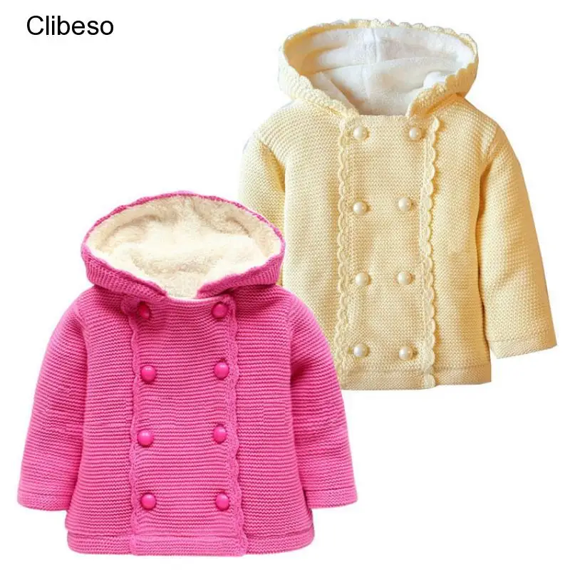 

Clibeso Christmas Kids Winter Striped Hooded Girls Hooded Knitted Sweaters Hairy Neckline Double-breasted Warmsweater Outerwear