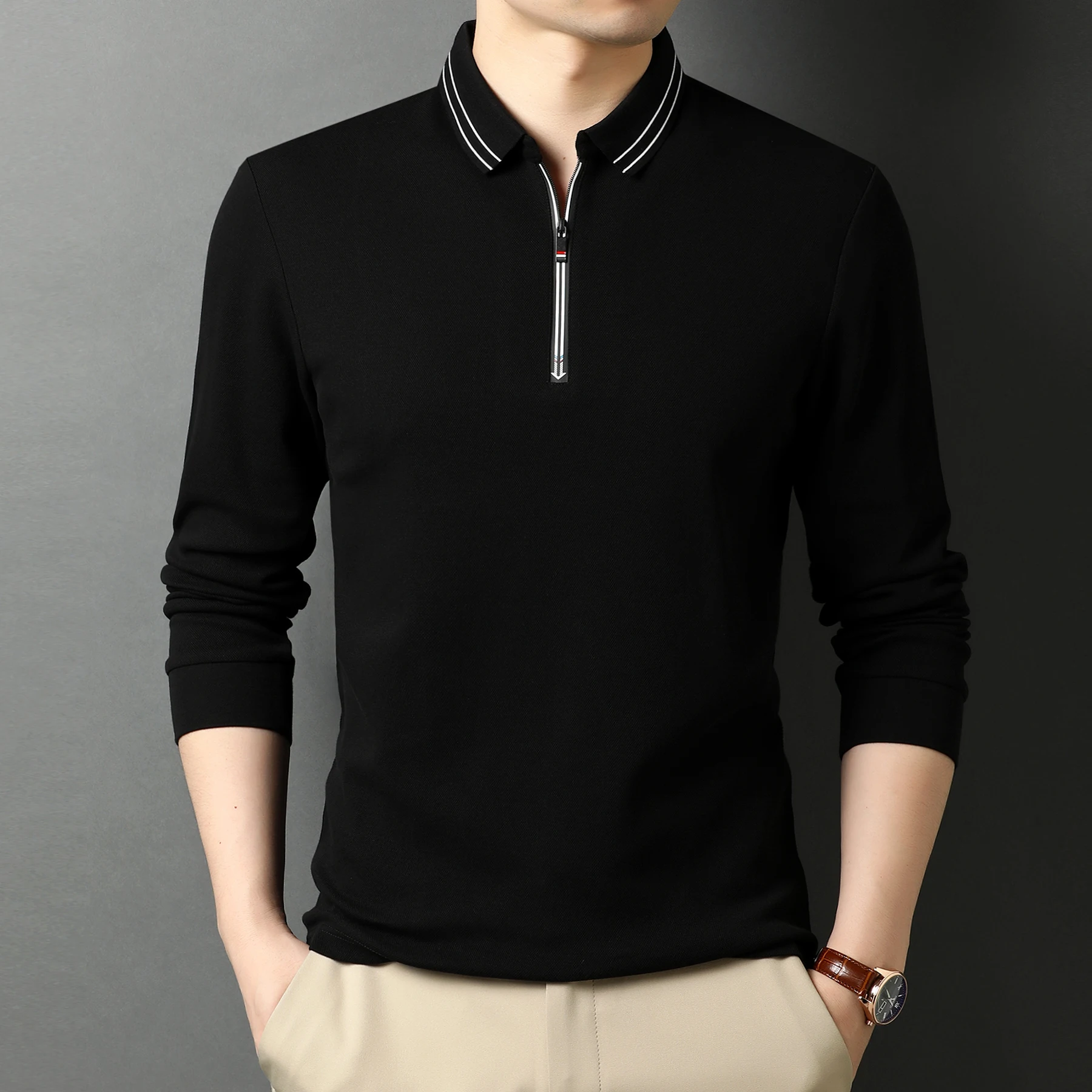 

New top men's polo shirt high-end luxury European style 100% cotton lapel striped zipper simple trendy fashion bottoming shirt