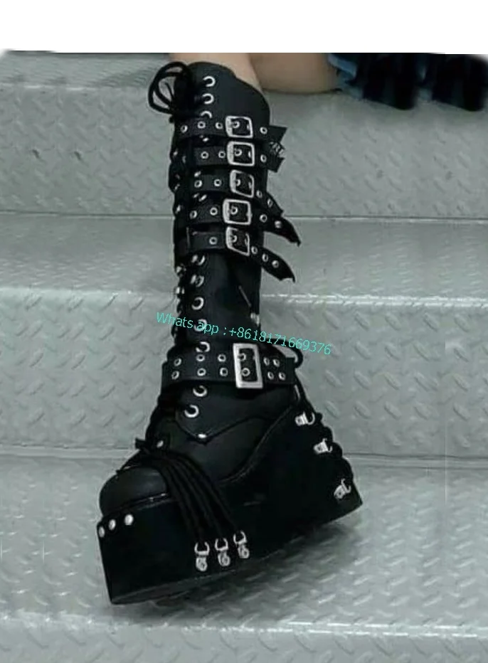 Gladiator Women Platform Wedges Buckle Rivet Boots Design Knee High High Heel Boots Ladies Fashion Lace up Leather Knight Shoes