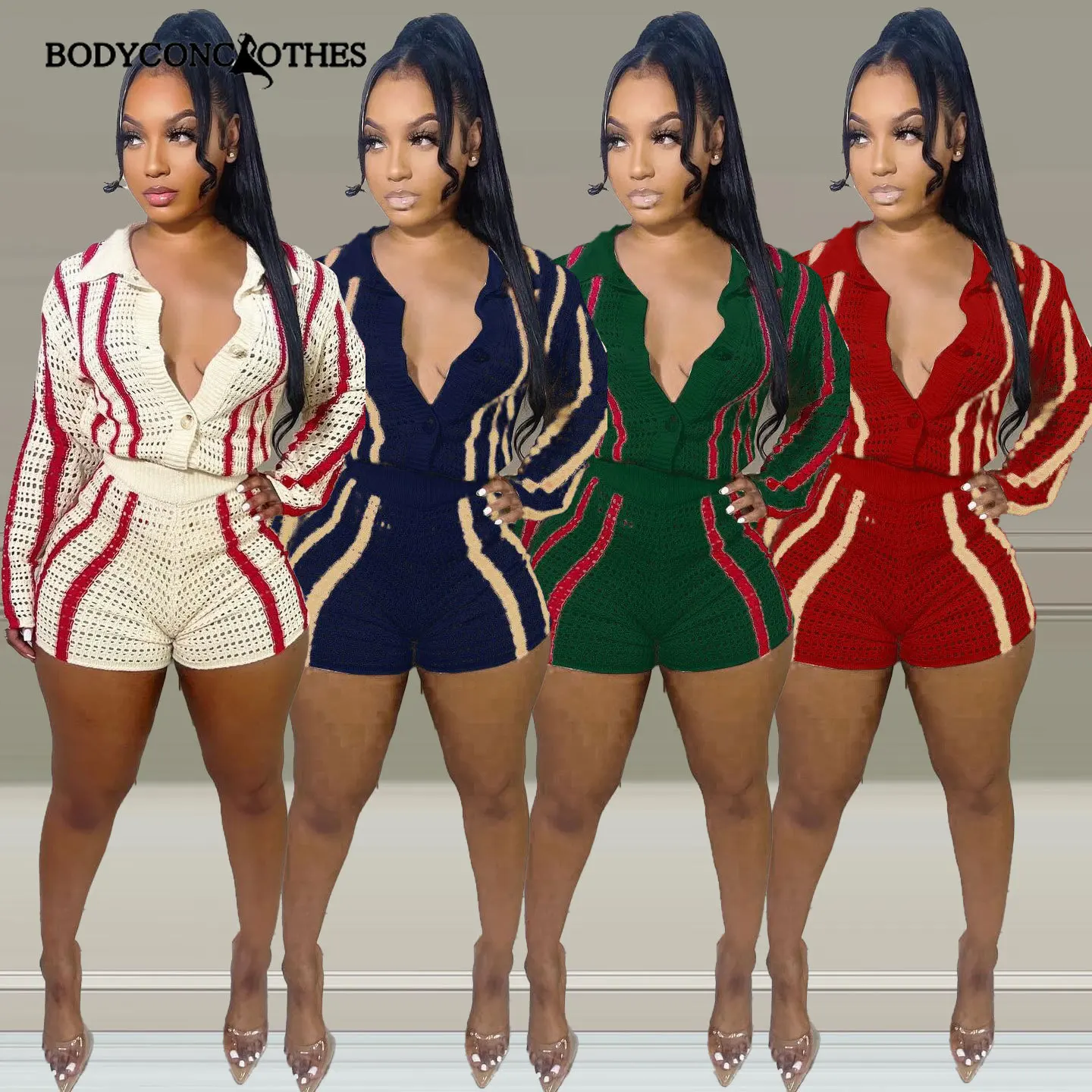 

Bodyconclothes Knitted Sweater Y2K Two Piece Set Long Sleeve Sexy Cardigan Women's Stripe Loose Shorts Autumn Casual Top V Neck