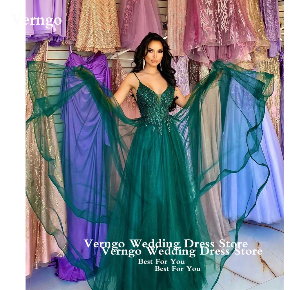 

Verngo Emerald Green Tulle Prom Dresses Lace Applique Straps Dubai Arabic Women Plus Size Evening Gowns Formal Party 2023