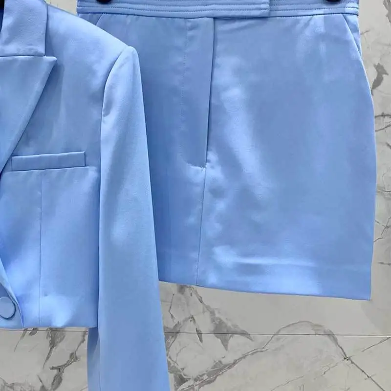 

23SS New Causal Solid Short 2piece Set Fashion Two Buttons Lapel Blazer Coat Office High Waist Bag Hip Skirt Women Clothe 4Color
