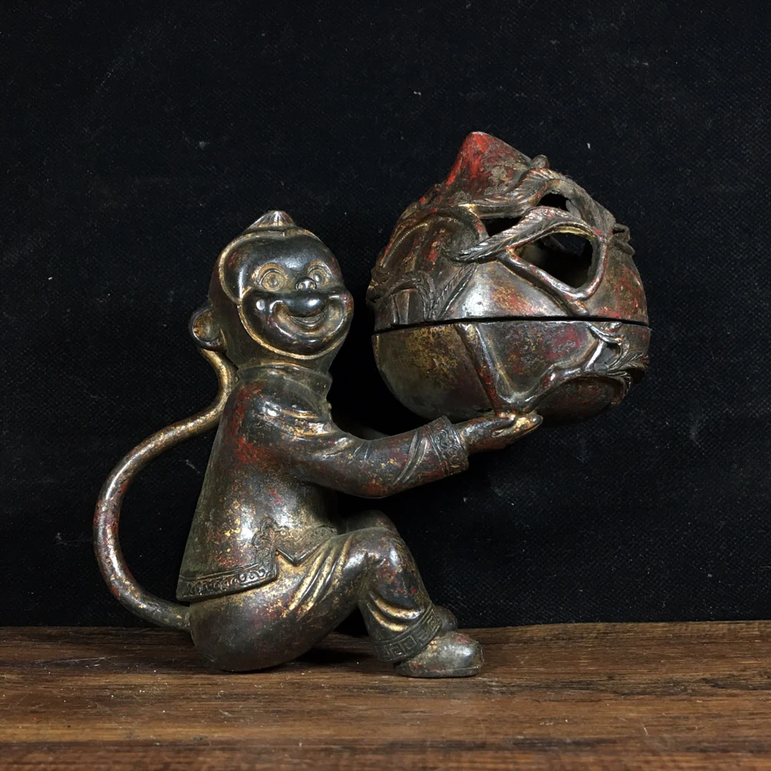 

7" Tibetan Temple Collection Old purple Bronze Cinnabar monkey to lift Shou Tao incense burner Gather fortune Town house