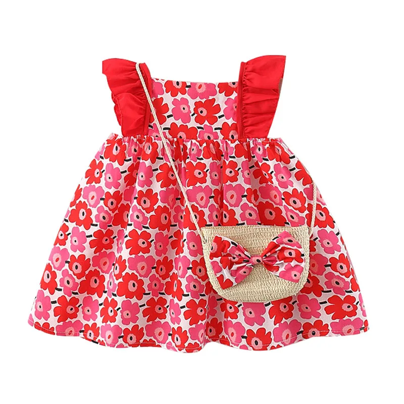 babzapleume Summer Dresses Newborn Baby Girls Clothes Korean Cute Sleeveless Cotton Flowers Infant Princess Dress+Bow Bag 137