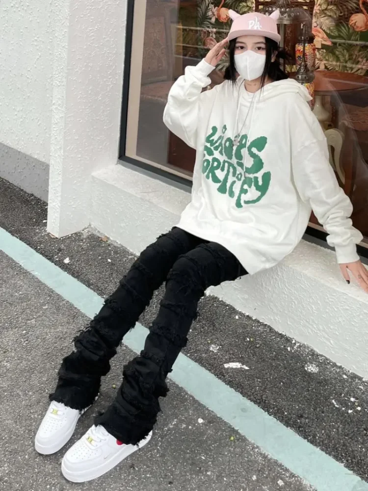 ADAgirl Black Ripped for Jeans Pants Women Y2k Tassel Flared High Street Denim Trousers Full Length Tassel Solid Color Casual