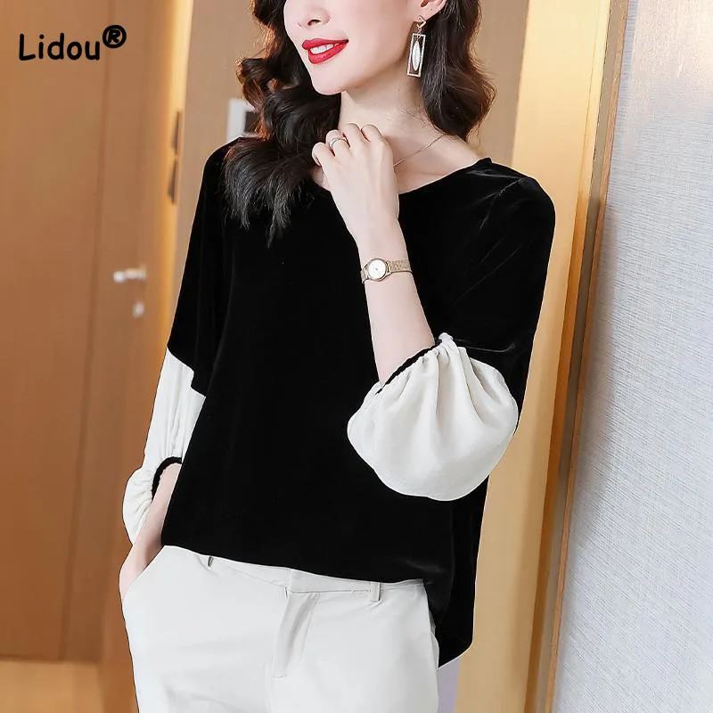 

Autumn Winter Clothes for Women Black Gold Velvet Lantern Long Sleeve Tops Fashion Round Neck Patchwork Loose Pullover Tunic Top