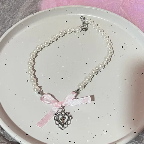 Kpop Goth Y2K сердце бант кулон колье ожерелье цепочка на ключицы для женщин