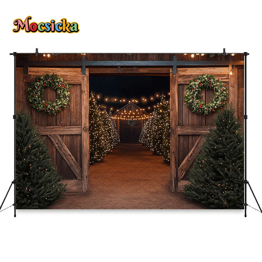 Фото Mocsicka Christmas Tree Farm Backdrop Photography Wooden Barn Door Glitter Lights Background Family Child Outdoor Photo Studio №2