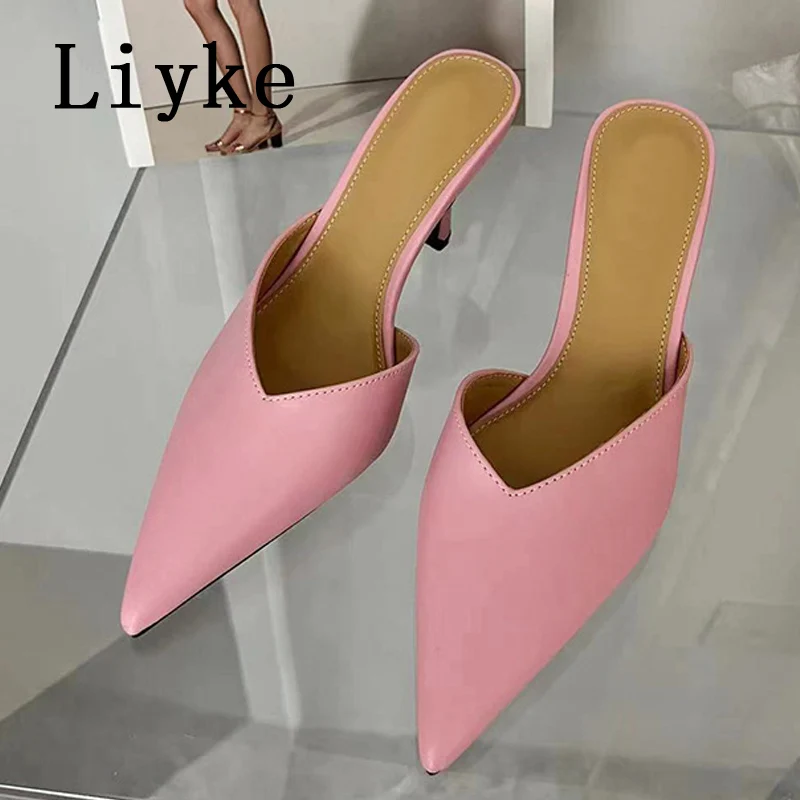 

Liyke Fashion Pink High Heels Mules Slippers Female Pointed Toe Stiletto Women Slides Shoes Summer Party Dress Pumps Sandals