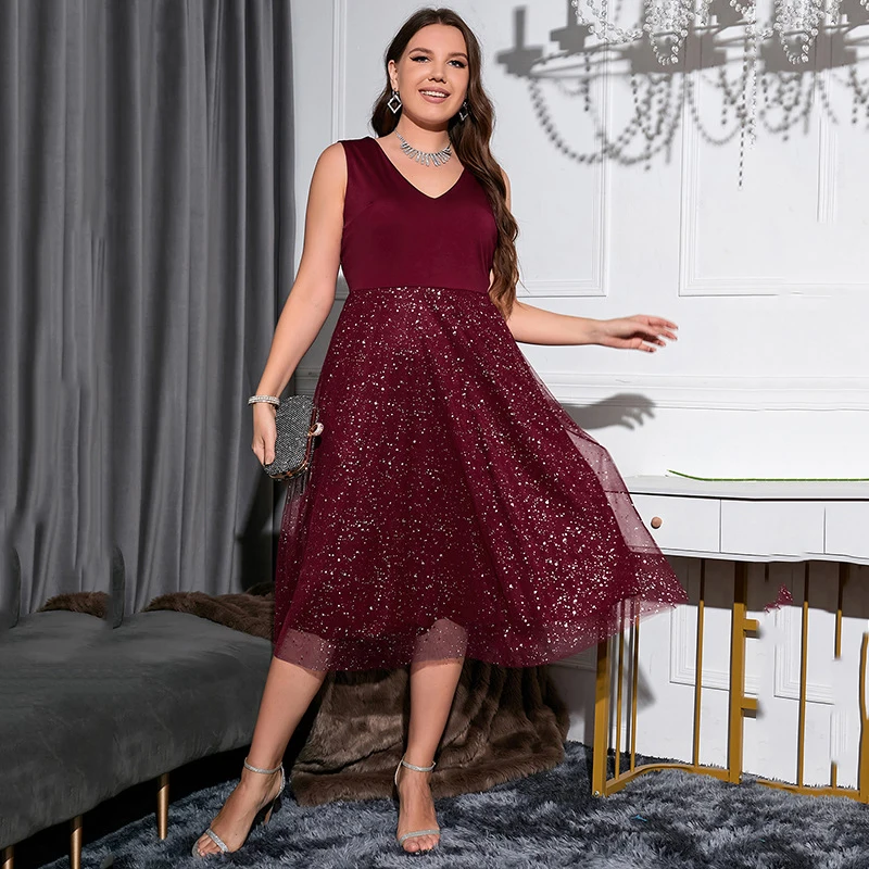 Spring Summer Dress Plus Size Women V Neck Sleeveless High Waist Sequined Elegant Party Dress Maxi Long Dresses