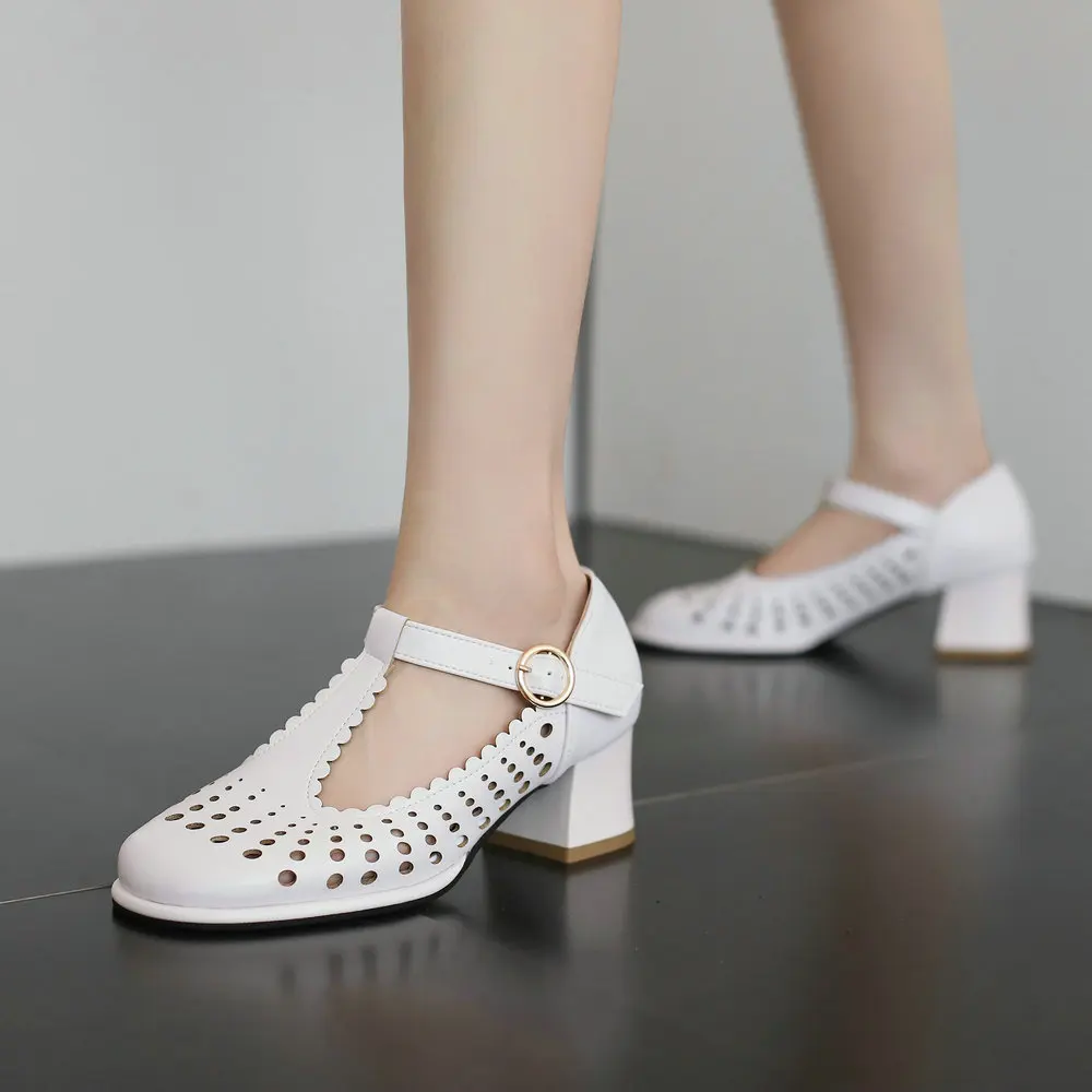 Summer Women's Chunky Heel T-Strap Shoes with Hollow Out Design Buckle Closure White Black Colors Pumps Plus Size Up to 48