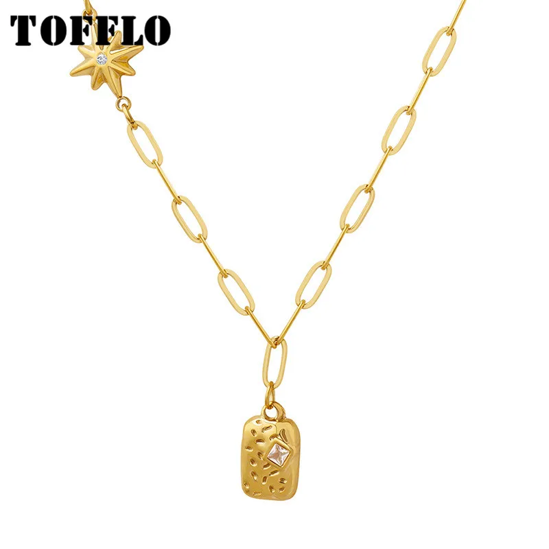 

TOFFLO Stainless Steel Jewelry Square Brand Star Zircon Pendant Necklace Women's Fashion Collar Chain BSP1264