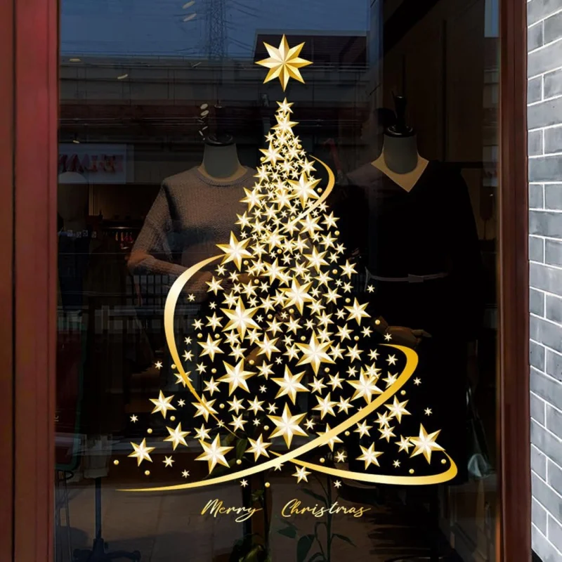 

New Golden Christmas Tree Window Clings Stickers for Glass, DIY Static Wall Window Door Mural Showcase Decal Sticker (1-3 Packs)