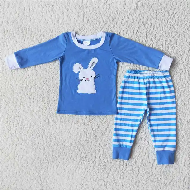 

6 B13-27 Boy Easter Cotton Embroidered Bunny Pajama Set Children Long Sleeve Pants Set RTS Boutique Winter Outfits