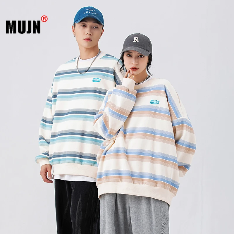 

Мужская полосатая Толстовка сезона осень-зима 2022, модные парные пуловеры с воротником-стойкой, свитшот с длинным рукавом в стиле хип-хоп, му...