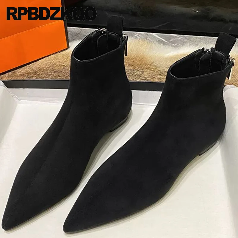 

Women Flats 34 Shoes Fur Lined Autumn Boots Nubuck Plus Size Pointy Toe Zip Up Booties Cow Leather Short Winkle Picker Custom