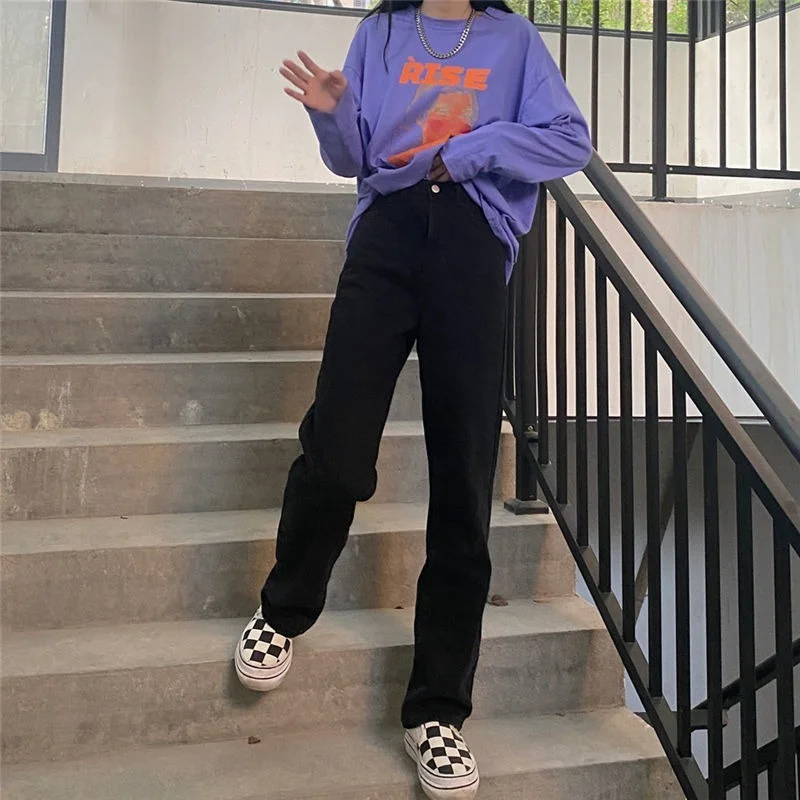 Women High Waist BlackJeans Fall Solid Loose All-match Denim Trousers Ladies New Simple Basic College Straight Full Length Pants