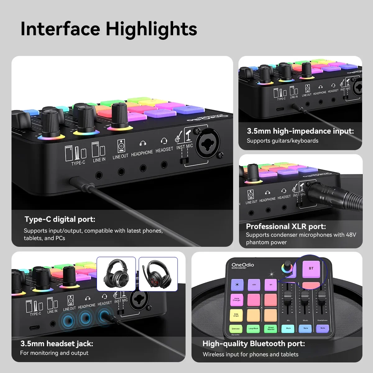 Фото Игровой аудиомикшер Oneodio с интерфейсом XLR, звуковая карта Phantom RGB 48 В, подкаст/прямая трансляция/студийная запись, устройство смены голоса №2