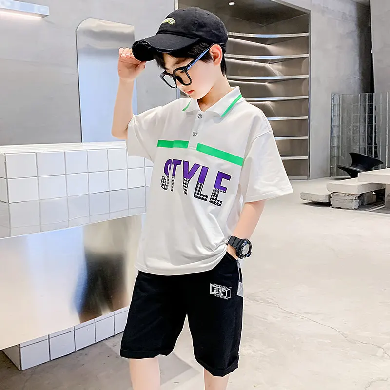 Teen Boy Summer Clothes Short Sleeve T-Shirt + Shorts 2 Pieces Set Letter Fashion Kids Cotton Boys Clothing Suit For 4 To 14Yrs