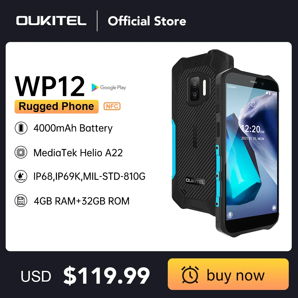 

Oukitel Rugged IP68/69K WP12 SmartPhone 4GB+32GB 4000mAh Quad Core Android11 Mobile Phone 5.5'' HD+500W/1300W 13MP Camera Phone