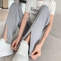 wide leg pants with open leg opening for women spring summer long ice silk pants ladies high waist loose casual straight pants
