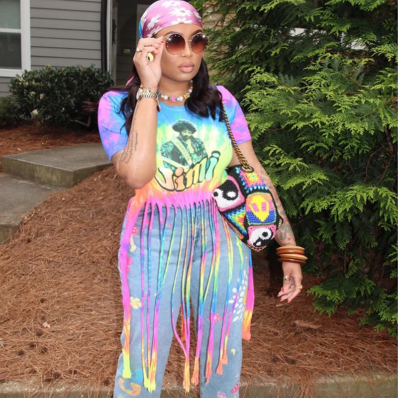

Gradient Multi-Color Print Tassel T-shirt Women Hipster O-neck Short Sleeve Skinny Tees Hip Hop Style Lady Streetwear Tops